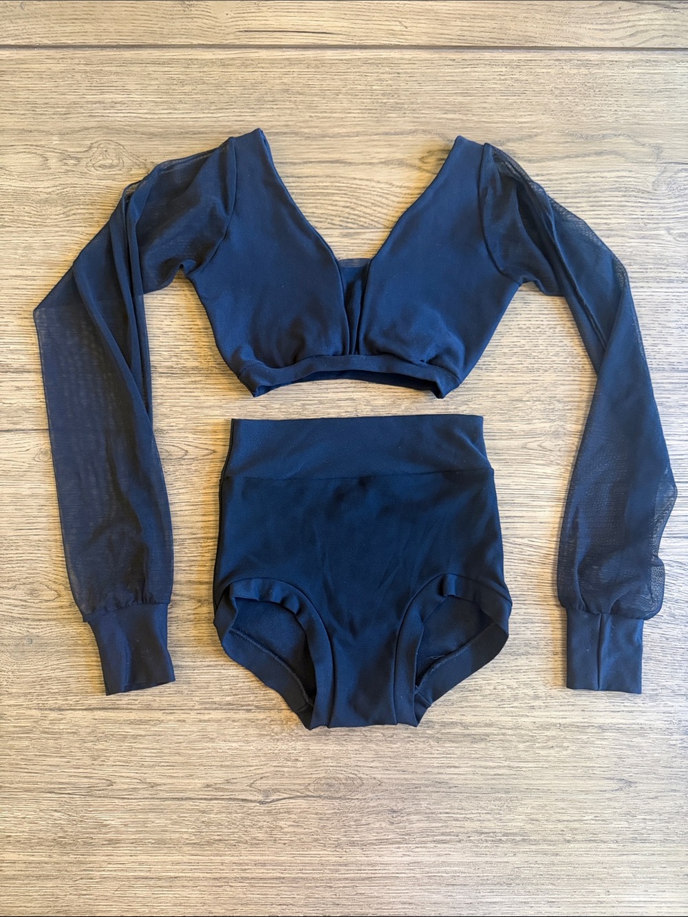 Black Two-Piece Dance Set with Sheer Long Sleeves